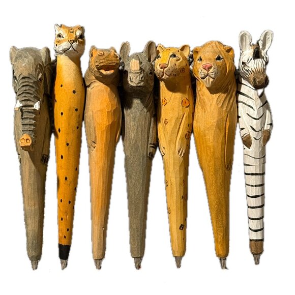 Vintage Lot of 7 Hand Carved Wood Jungle Safari Animal Ink Pens Hand Painted - Picture 1 of 7